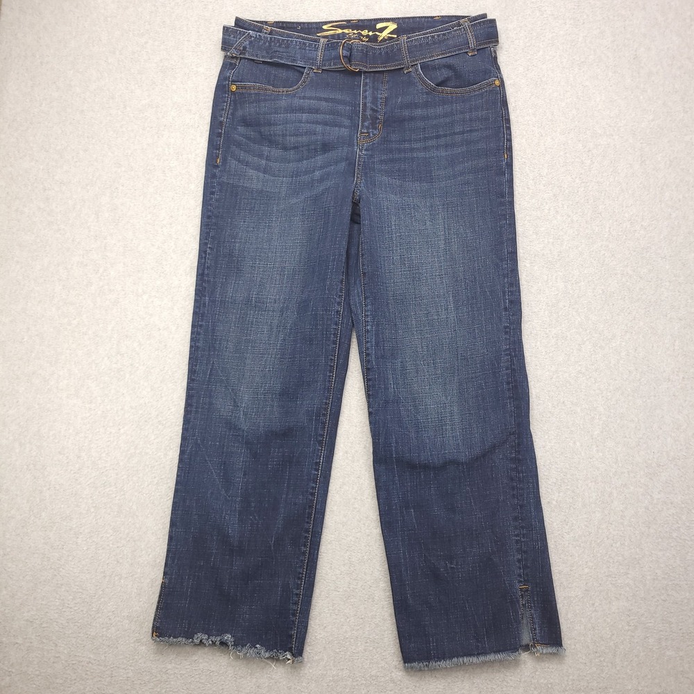 Seven7 Jeans Women's 4 Blue Freedom High Rise Straight Raw Hem Slit Belted Crop